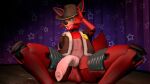  3d_(artwork) acura_(artist) animatronic anthro aviator_glasses badge balls clothing cowboy_hat crouching curtains digital_media_(artwork) five_nights_at_freddy&#039;s flaccid foxy_(fnaf) genitals hat hat_tip headgear headwear hi_res looking_at_viewer machine male penis robot scottgames solo source_filmmaker topwear vest video_games 