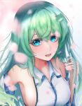  1girl :d asobime_mp bangs bare_shoulders blue_eyes blurry breasts cleavage depth_of_field eyebrows_visible_through_hair frog_hair_ornament from_above green_hair hair_between_eyes hair_ornament hair_tubes kochiya_sanae large_breasts long_hair looking_at_viewer open_mouth shirt sideboob simple_background smile solo touhou upper_body white_background white_shirt 