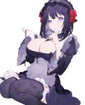  1girl bangs black_legwear breasts chain chain_leash cleavage commentary finger_to_mouth flower frills gothic_lolita hairband highres index_finger_raised kitagawa_marin kuroe_shizuku large_breasts leash lolita_fashion lolita_hairband long_sleeves miyuki_(miyuki0529) purple_eyes red_flower red_rose rose simple_background sitting solo sono_bisque_doll_wa_koi_wo_suru thighhighs white_background wig 