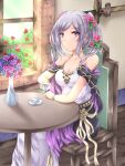  1girl adapted_costume arms_on_table bare_shoulders breasts chair cleavage collarbone cup dress eyebrows_visible_through_hair fire_emblem fire_emblem_awakening fire_emblem_heroes flower foreshortening hair_flower hair_ornament highres holding holding_cup indoors kei_(asufend) medium_breasts official_alternate_costume plate purple_eyes robin_(fire_emblem) robin_(fire_emblem)_(female) silver_hair sitting sleeveless sleeveless_dress solo sword table tea teacup weapon window wristband 