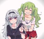  2girls alternate_costume black_shirt blush closed_eyes clothes_around_waist collarbone commentary eyebrows_visible_through_hair facing_viewer girls&#039;_frontline green_hair grin hairband jacket jacket_around_waist jewelry korean_commentary long_hair m950a_(girls&#039;_frontline) multiple_girls necklace red_eyes shirt short_sleeves shorts sidarim silver_hair simple_background smile thunder_(girls&#039;_frontline) twintails upper_body v white_background white_shirt 