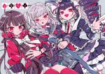  3girls :d :o bangs black_jacket black_legwear black_skirt bow bowtie braid breasts card celestia_ludenberg commentary_request danganronpa:_trigger_happy_havoc danganronpa_(series) danganronpa_2:_goodbye_despair danganronpa_v3:_killing_harmony drill_hair earrings eyebrows_visible_through_hair glasses grey_background grey_hair grey_sailor_collar grey_skirt hair_ornament hair_ribbon hair_scrunchie harukawa_maki highres holding holding_card jacket jewelry large_breasts layered_skirt long_sleeves looking_at_viewer multiple_girls necktie osshouri55 pantyhose pekoyama_peko pink_scrunchie plaid plaid_skirt pleated_skirt red_legwear red_necktie red_shirt ribbon sailor_collar scrunchie shiny shiny_hair shirt skirt smile twin_braids twin_drills twintails white_bow white_bowtie 