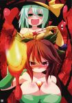  2girls bare_shoulders bdsm black_headwear blush bow breasts brown_hair candle candle_wax cleavage dominatrix elbow_gloves fang femdom gloves green_bow green_eyes green_hair hat hat_bow heart highres komeiji_koishi large_breasts looking_at_viewer medium_hair multiple_girls non-web_source okumari red_eyes reiuji_utsuho subterranean_animism third_eye touhou whip yellow_bow 