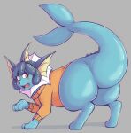  2022 all_fours big_butt blue_body blue_hair blue_skin blush bottomless butt clothed clothing colored eeveelution embarrassed female feral fin grey_background hair hi_res implied_transformation kittenboogers kittenboogers_(character) looking_at_butt nintendo open_mouth orange_clothing orange_eyes orange_sweater orange_topwear pok&eacute;mon pok&eacute;mon_(species) shaded simple_background solo sweater topwear vaporeon video_games 