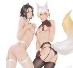  2boys ahoge animal_ears ass bangs black_hair black_legwear blush brown_gloves claw_pose contrapposto covered_nipples cowboy_shot detached_collar ear_piercing earrings english_commentary eyeliner facial_mark fox_boy fox_ears fox_tail from_behind garter_belt gloves gradient_hair hair_between_eyes hand_on_own_thigh hands_on_own_chest hands_up highres iceblock_(ilhgns) jewelry large_pectorals lips looking_at_viewer makeup male_focus manboobs multicolored_hair multiple_boys orange_eyes original parted_bangs parted_lips pectorals piercing shiny shiny_clothes shiny_legwear short_hair side-by-side simple_background standing sweat tail tail_raised tassel tassel_earrings thong twisted_torso twitter_username underwear underwear_only white_hair white_legwear 