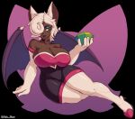  1girl animal_ears arm_support ashsux bat_ears bat_girl bat_wings black_choker boots breasts chaos_emerald choker cleavage dark-skinned_female dark_skin elbow_gloves eyelashes eyeshadow full_body gloves green_eyes highres humanization large_breasts lips makeup mole mole_under_mouth rouge_the_bat sitting solo sonic_(series) thigh_boots thighhighs twitter_username very_dark_skin white_gloves white_hair white_legwear wings 