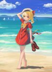  1girl adapted_costume barefoot beach blonde_hair boat cloud clynxen day dress flandre_scarlet footprints full_body hat highres holding holding_clothes holding_footwear holding_shoes looking_at_viewer mountainous_horizon no_wings ocean outdoors red_dress red_footwear sailor_collar sailor_dress sailor_hat shoes shoes_removed short_sleeves sky smile solo standing tiptoes toes touhou watercraft 