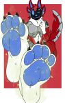  anthro barefoot blue_pawpads bodily_fluids claws feet foot_fetish foot_focus hi_res machine male pawpads paws protogen saaxon smelly smelly_feet smile soles solo sweat sweaty_feet toes 