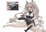  8_ni absurdres blush breasts covered_nipples desert_eagle desert_eagle_(girls&#039;_frontline) dildo elbow_gloves foregrip frills girls&#039;_frontline gloves grey_hair gun handgun highres long_hair medium_breasts naughty_face photo-referenced photo_inset reference_photo sex_toy shoe_removed sideboob sitting skindentation smile speech_bubble strap-on twintails very_long_hair weapon yellow_eyes 