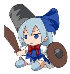  blue_bow blue_dress blue_eyes blue_hair blue_legwear bow bucket chibi cirno dress fumo_(doll) highres praeto red_bow shield socks sword touhou weapon white_sleeves wooden_shield wooden_sword 