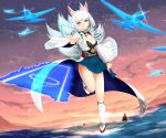  1girl absurdres aircraft airplane animal_ears azur_lane bangs blue_eyes blue_skirt bob_cut boots breasts cleavage closed_mouth fox_ears fox_girl fox_tail full_body highres japanese_clothes kaga_(azur_lane) kaiten_nekohige kimono looking_at_viewer orange_sky outdoors pointing pointing_at_viewer short_hair skirt sky smile solo standing standing_on_one_leg star_(sky) starry_sky sunset tail thigh_boots thighhighs water white_footwear white_hair white_kimono 