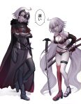  2girls ahoge armor armored_dress bikini black_bikini black_choker black_gloves black_jacket breasts cape chain choker cropped_jacket dual_persona fate/grand_order fate_(series) fur-trimmed_cape fur_collar fur_trim gauntlets gloves headpiece highres jacket jeanne_d'arc_alter_(avenger)_(fate) jeanne_d'arc_alter_(avenger)_(first_ascension)_(fate) jeanne_d'arc_alter_(fate) jeanne_d'arc_alter_(swimsuit_berserker)_(fate) katana large_breasts long_hair looking_at_viewer multiple_girls multiple_swords o-ring o-ring_bikini red_legwear roro_982 short_hair shrug_(clothing) single_thighhigh speech_bubble swimsuit sword thighhighs tsurime very_long_hair weapon white_hair yellow_eyes 