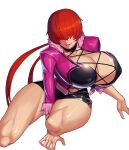  1girl absurdres bangs breasts cleavage_cutout clothing_cutout commission cropped_jacket curvy fur-trimmed_jacket fur_trim hair_over_eyes highres jacket large_breasts legs long_hair muscular muscular_female shermie_(kof) snk solo split_ponytail the_king_of_fighters the_king_of_fighters_xv thick_thighs thighs ttt_(titatuem) 