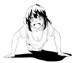  1girl @_@ bangs blush breasts cleavage collarbone exercise greyscale kekemotsu large_breasts long_hair monochrome open_mouth original ponytail push-ups sidelocks solo 