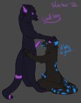  anthro black_body black_fur blue_pawpads blue_penis blush dialogue duo fur genitals glowing glowing_genitalia glowing_penis hypnosis male male/male mind_control pawpads penis purple_penis ringed_eyes silvertear02 