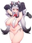  1girl 5danny1206 :p absurdres ahoge animal_ears armpits arms_behind_head bangs black_hair breast_curtains breasts cat_ears cat_girl cat_tail curvy detached_sleeves eyebrows_visible_through_hair highres large_breasts long_hair looking_at_viewer multicolored_hair nun original red_eyes simple_background solo tail thighs tongue tongue_out two-tone_hair white_background white_hair 