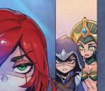  1boy 2girls breasts brown_eyes cassiopeia_(league_of_legends) clenched_teeth collarbone fang gem green_eyes hood hood_up katarina_(league_of_legends) league_of_legends long_hair looking_at_another looking_at_viewer medium_breasts multiple_girls navel phantom_ix_row red_hair scar scar_across_eye siblings sisters slit_pupils sweatdrop talon_(league_of_legends) teeth yellow_eyes 