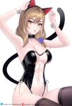  1girl animal_ears armpits arms_up black_bow black_bowtie black_legwear black_leotard blue_nails bow bowtie breasts brown_hair cat_ears cat_tail cleavage closed_mouth covered_navel detached_collar fake_animal_ears flower genshin_impact green_eyes hair_flower hair_ornament helloimtea highleg highleg_leotard highres large_breasts leotard lisa_(genshin_impact) long_hair looking_at_viewer patreon_username side-tie_leotard solo tail thighhighs twitter_username white_background wrist_cuffs 