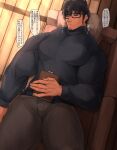  1boy bara bellsaltr biceps building clipboard closed_eyes couch day facial_hair glasses highres light light_rays long_sleeves lying male_focus muscular muscular_male on_back original pants pectorals pillow shadow sleeping solo speech_bubble spiked_hair stubble sweater tan thick_arms thick_eyebrows thick_thighs thighs tight turtleneck turtleneck_sweater window 