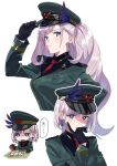  1girl absurdres bangs braid braided_bangs feather_hair_ornament feathers gloves hair_ornament hat highres hololive hololive_indonesia long_hair military military_hat military_uniform papers_please pavolia_reine peaked_cap silver_hair stamp_mark uniform virtual_youtuber yomosaka 