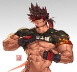  1boy abs artist_logo artist_name bara biceps broad_shoulders brown_hair clothes_lift clothes_writing commission flame_print gloves guilty_gear headband large_pectorals long_hair looking_at_viewer male_focus manly muscular muscular_male na_insoo navel nipples pectorals ponytail shirt shirt_lift smirk sol_badguy solo spiked_hair t-shirt thick_arms tight underpec upper_body veins veiny_arms yellow_eyes 