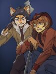  anonymous_artist anthro blue_eyes brown_body brown_fur chipmunk clothed clothing cowboy cowboy_hat cowboy_outfit denzel_t_smith_(character) digital_drawing_(artwork) digital_media_(artwork) domestic_cat duo felid feline felis fingers fur ground_squirrel gun hair handgun hat headgear headwear hi_res holding_gun holding_object holding_weapon hybrid looking_at_viewer male male/male mammal melee_weapon mikah_miller_(character) open_mouth procyonid raccoon ranged_weapon rodent sciurid simple_background smile topwear weapon 