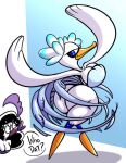  ? anatid angry anseriform anserinae anthro avian beak big_butt bird black_hair blue_eyes breasts butt cleavage clothed clothing duo english_text feathers female fleurina hair hi_res kirby_(series) kirby_and_the_forgotten_land nintendo non-mammal_breasts pose sachasketchy smile swan text thick_thighs video_games white_body 