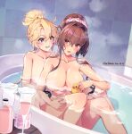  2girls bathroom bathtub blonde_hair blue_background blue_eyes breasts brown_hair cherry_blossoms convenient_censoring cup drinking_glass highres himeyamato iowa_(kancolle) kantai_collection large_breasts long_hair multiple_girls nude partially_submerged red_eyes rubber_duck star-shaped_pupils star_(symbol) steam symbol-shaped_pupils table tile_wall tiles yamato_(kancolle) yuri 