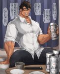  1boy alcohol bara bed beer beer_can bellsaltr biceps black_hair blush building buttons can closed_eyes collared_shirt cup curtains fang glasses grabbing highres kanji long_sideburns male_focus manly mature_male muscular muscular_male on_bed original pants pectoral_cleavage pectorals plate shirt sideburns sitting sitting_on_bed smile solo speech_bubble spiked_hair table tan text_focus thick_arms thick_eyebrows thick_thighs thighs tight 
