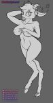  anthro areola big_breasts breasts dancing headpones hi_res monochrome musical_note nude smile unguligrade_anthro 