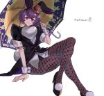  1girl ace_attorney animal_ears black_footwear bonny_de_famme coattails fishnet_legwear fishnets guttari5 hat holding holding_umbrella leotard mini_hat mini_top_hat orange_headwear pantyhose parasol phoenix_wright:_ace_attorney_-_spirit_of_justice playboy_bunny purple_hair rabbit_ears rabbit_tail sitting smile tail top_hat umbrella wrist_cuffs 