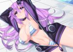  1girl absurdres adult_neptune bikini blush breasts choker d-pad d-pad_hair_ornament dura eyebrows_visible_through_hair hair_between_eyes hair_ornament highres jacket large_breasts long_hair long_sleeves looking_at_viewer neptune_(series) purple_eyes purple_hair shin_jigen_game_neptune_vii sidelocks smile solo swimsuit track_jacket 