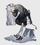  1girl absurdres animal_ears arknights azure_silan bag bangs black_dress black_footwear dress flower full_body gas_mask grey_background grey_hair hair_flower hair_ornament hand_up heavyrain_(arknights) heavyrain_(tranquil_moss)_(arknights) high_heels highres leaning_forward long_hair long_sleeves looking_away looking_down mask mask_removed pantyhose profile puddle puffy_long_sleeves puffy_sleeves purple_eyes reflection ripples rose shoes sleeves_past_wrists solo standing tail very_long_hair water white_flower white_legwear white_rose 