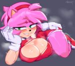  1girl absurdres amy_rose animal_ears animal_nose blush breasts cleavage dress furry furry_female gloves green_eyes hairband highres large_breasts looking_at_viewer nezulet pink_fur pink_hair red_dress red_hairband short_hair smile solo sonic_(series) steam steaming_body sweat thick_thighs thighs white_gloves 