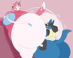  anthro big_butt blue_body bound bubble_butt butt duo eeveelution hair hi_res huge_butt hyper hyper_butt lucario male male/male megacoolbear_(artist) nintendo obese obese_anthro obese_male overweight overweight_anthro overweight_male pink_hair pok&eacute;mon pok&eacute;mon_(species) sylveon video_games white_body 