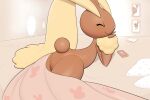  ambiguous_gender bed bedding blanket brown_body brown_fur buneary clock eyes_closed feral fur furniture hand_on_chin hi_res inkune lagomorph lopunny lying lying_on_bed mammal nintendo nude on_bed on_front phone photo_frame pillow pok&eacute;mon pok&eacute;mon_(species) smile video_games yellow_body yellow_fur 