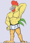  abs anthro avian avian_caruncle beak biceps bird bulge chicken clothed clothing comb_(anatomy) darkwing_duck dewlap_(anatomy) disney eyebrows feathers feet galliform gallus_(genus) green_body green_feathers hand_behind_head hand_on_hip head_crest hi_res looking_at_viewer male metal muscular muscular_anthro muscular_male nipples pecs phasianid red_body red_feathers solo steelbeak topless underwear unrealrui wattle yellow_body yellow_feathers 