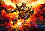  1boy 2018 apocalypse armor arrow_(symbol) black_armor black_bodysuit black_footwear black_gloves bodysuit boots clenched_hand clock clock_hands cowboy_shot driver_(kamen_rider) evil explosion finishing_move full_body gloves glowing glowing_eyes gold_armor gold_trim kamen_rider kamen_rider_zi-o_(series) long_coat male_focus masukudo_(hamamoto_hikaru) multiple_boys ouma_zi-o powering_up red_eyes rider_belt rider_kick rider_watch tokusatsu waistcoat 