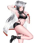  1girl absurdres animal_ears arknights arm_up armpits bangs bare_legs bare_shoulders black_footwear black_scarf black_shorts breasts cat_ears cleavage commentary crop_top eyebrows_visible_through_hair highres jacket kafu_(kafu6416) large_breasts long_hair long_sleeves looking_at_viewer midriff navel open_clothes open_jacket ponytail scarf schwarz_(arknights) see-through shoes short_shorts shorts silver_hair simple_background smile solo standing standing_on_one_leg stomach thigh_strap thighs very_long_hair white_background yellow_eyes 