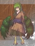  1girl absurdres bangs bird_legs eyebrows_visible_through_hair feathered_wings green_feathers green_hair green_wings hair_between_eyes harpy highres looking_at_viewer messy_hair monster_girl original red_eyes sash shaded_face solo talons togenomaru winged_arms wings 