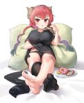  1girl barefoot black_legwear black_panties black_shirt breasts doughnut dragon_horns feet food frown full_body gradient_hair hand_under_clothes hand_under_shirt highres holding holding_food horns ilulu_(maidragon) kobayashi-san_chi_no_maidragon large_breasts long_hair looking_at_viewer multicolored_hair oppai_loli panties perspective pillow pink_hair qianduan_mozhi reclining red_eyes red_hair shirt simple_background single_thighhigh sitting soles solo thighhighs toes twintails underwear white_background 