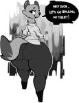  absurd_res anthro big_butt bottomwear butt clothing dialogue female foxialewd hand_on_butt hi_res huge_butt huge_hips huge_thighs kaz_(foxialewd) looking_at_viewer mammal monochrome mustela mustelid musteline pants solo stoat talking_to_viewer thick_thighs true_musteline wide_hips 