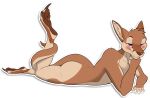  anthro big_ears big_tail blush claws embarrassed fluffy foxinuhhbox fur half-closed_eyes hi_res kangaroo lying macropod mammal marsupial muscular narrowed_eyes pawpads paws tail_wrapped tail_wrapping thick_tail thick_thighs wide_hips 