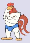  3_toes anthro avian avian_caruncle beak biceps bird brown_head bulge chicken clothed clothing comb_(anatomy) dewlap_(anatomy) eyebrows feathers feet foghorn_leghorn galliform gallus_(genus) hand_on_elbow head_crest hi_res looking_at_viewer looney_tunes male musclegut muscular muscular_anthro muscular_male nipples pecs phasianid pose raised_eyebrow simple_background smile solo tail_feathers toes topless underwear unrealrui warner_brothers wattle white_body 