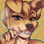  1:1 5_fingers angel_(lady_and_the_tramp) anthro canid canine canis cigarette disney domestic_dog female fingers gloomyguts grey_eyes hair lady_and_the_tramp mammal short_hair smoking solo teeth_showing 