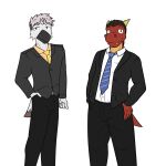 anthro avian business_suit clothed clothing dragon duo fully_clothed fuze hi_res jacket male necktie open_clothing open_jacket open_topwear scalie simple_background suit topwear white_background 