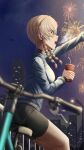  1girl :d aircraft amane_suzuha arm_up bicycle bicycle_seat bike_shorts blue_sweater blurry blush braid breasts brown_hair cup depth_of_field disposable_cup drinking_straw fireworks from_side ground_vehicle helicopter highres holding holding_cup lamppost long_hair looking_ahead medium_breasts night night_sky open_mouth outstretched_arm profile silvertsuki sitting sky smile solo steins;gate sweater teeth thighs twin_braids upper_teeth 