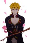  1boy blonde_hair blue_eyes blurry braid braided_ponytail branch bug depth_of_field flower giorno_giovanna jojo_no_kimyou_na_bouken ladybug male_focus petals solo tianel_ent wing_ornament 