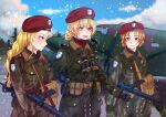  absurdres aircraft ammunition_pouch assam_(girls_und_panzer) bangs beret binoculars blonde_hair darjeeling_(girls_und_panzer) emblem explosive girls_und_panzer gloves grenade gun hat highres holding holding_gun holding_weapon long_hair military military_uniform orange_pekoe_(girls_und_panzer) pouch short_hair skirt snow st._gloriana&#039;s_(emblem) sten_gun submachine_gun tigern_(tigern28502735) uniform weapon 