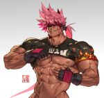  1boy abs artist_logo artist_name bara biceps broad_shoulders clothes_lift clothes_writing commission dark-skinned_male dark_skin flame_print gloves green_eyes guilty_gear headband large_pectorals long_hair looking_at_viewer male_focus manly muscular muscular_male na_insoo navel nipples pectorals pink_hair ponytail shirt shirt_lift smirk sol_badguy solo spiked_hair t-shirt thick_arms tight underpec upper_body veins veiny_arms 